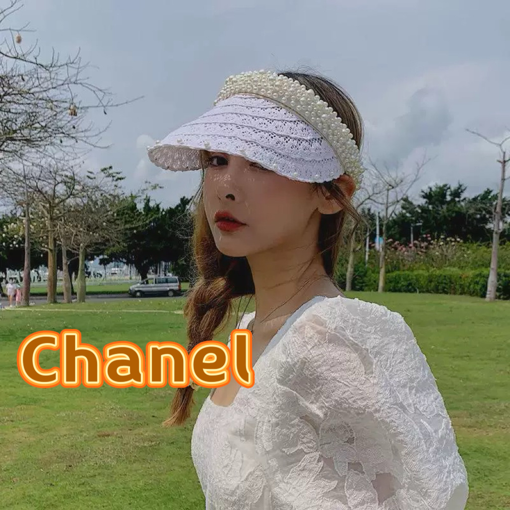  Chanel 网红ins手工珍珠遮阳草帽子夏天防晒遮阳空顶帽海边度假发夹帽潮