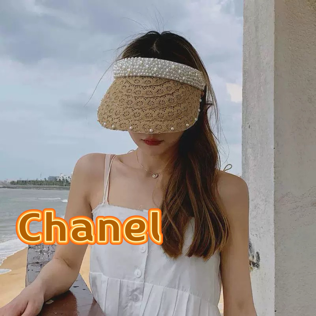  Chanel 网红ins手工珍珠遮阳草帽子夏天防晒遮阳空顶帽海边度假发夹帽潮