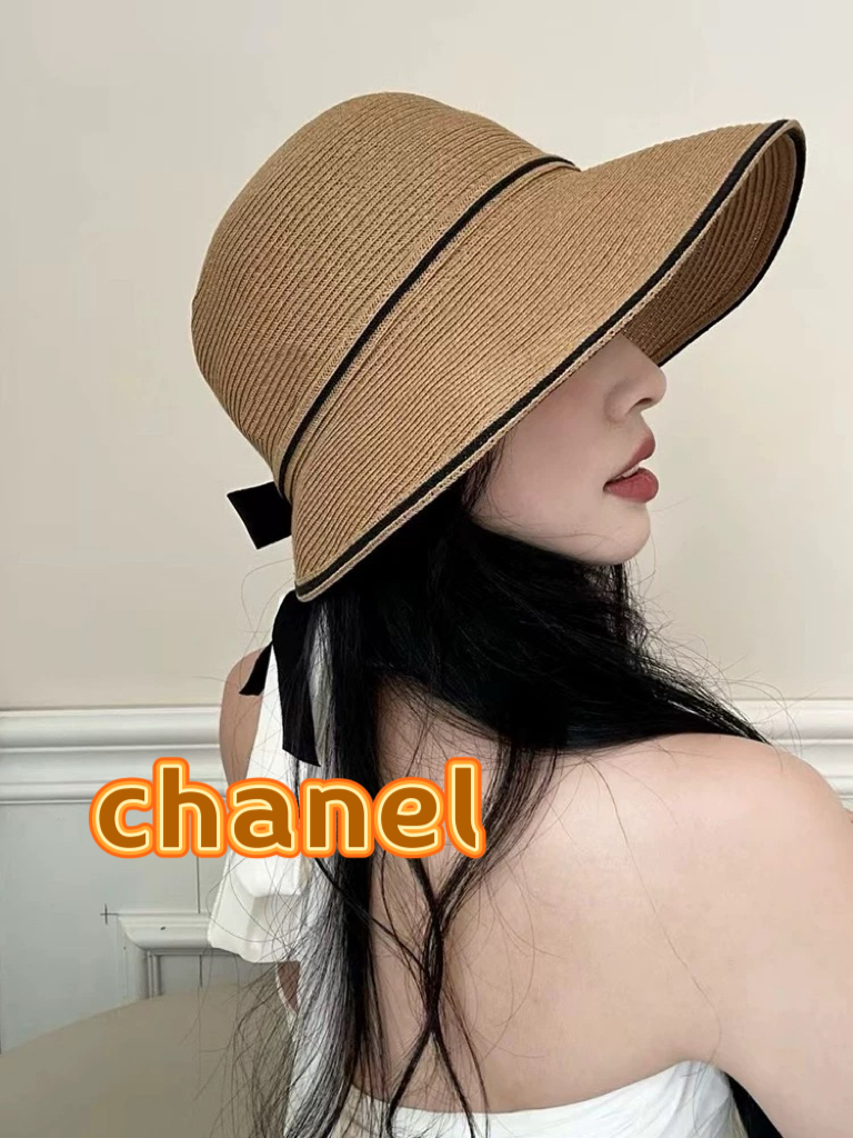 Chanel夏季新款蝴蝶结防晒盆帽水桶帽春夏遮阳帽户外沙滩太阳草帽渔夫帽