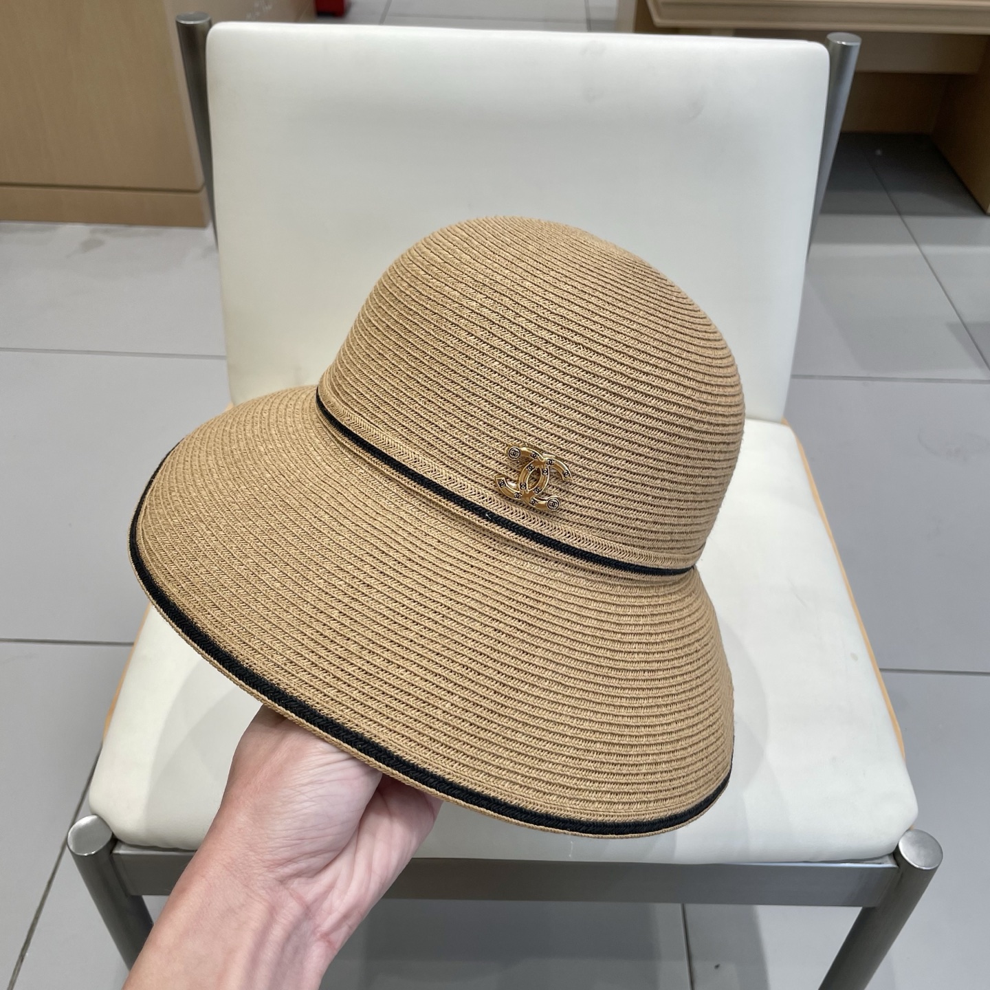 Chanel夏季新款蝴蝶结防晒盆帽水桶帽春夏遮阳帽户外沙滩太阳草帽渔夫帽
