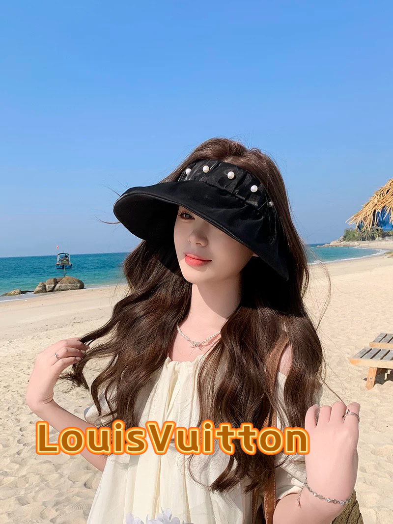 lv路易威登2025新款日系珍珠装饰大檐空顶帽女出游防紫外线遮阳贝壳帽太阳帽