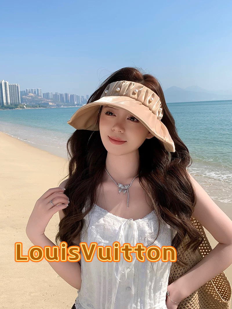 lv路易威登2025新款日系珍珠装饰大檐空顶帽女出游防紫外线遮阳贝壳帽太阳帽