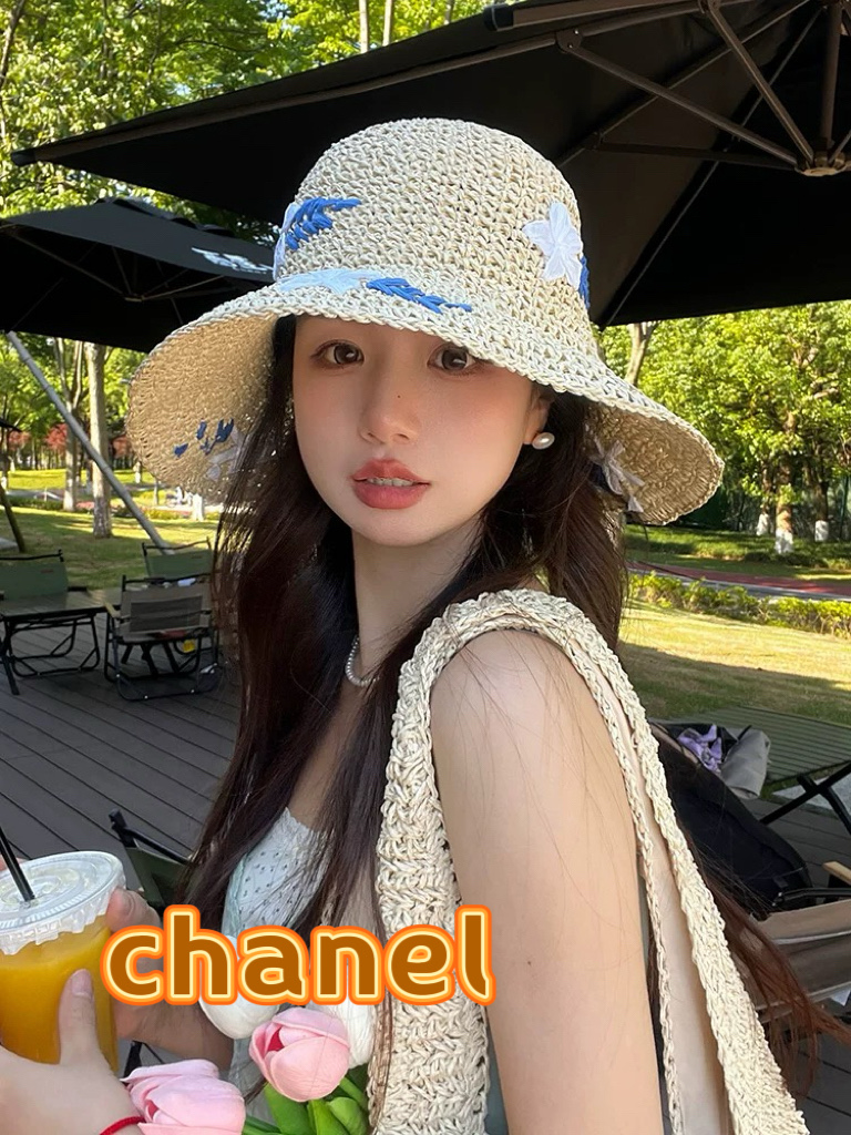  Chanel 手工草编花朵草帽女夏季镂空大檐遮阳防晒法式海边沙滩度假渔夫帽