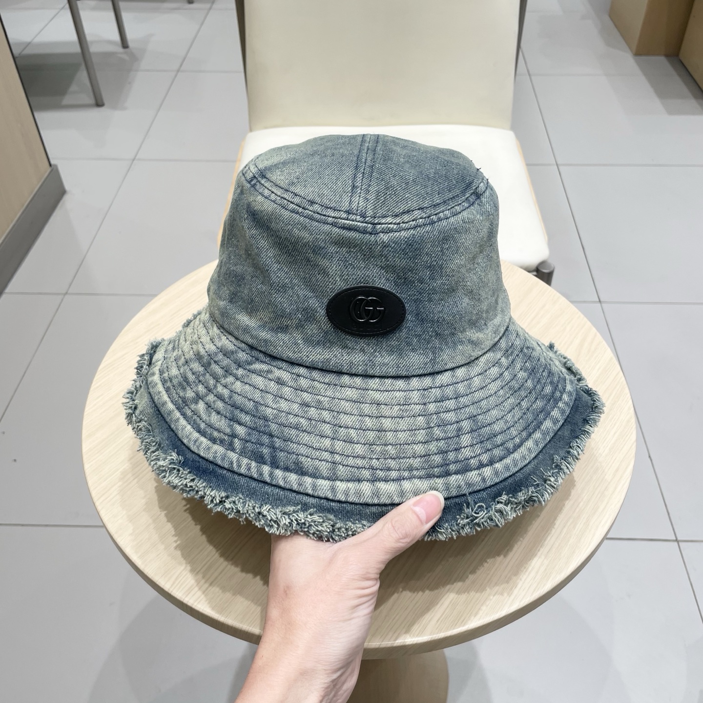 Gucci日系复古牛仔渔夫帽子女夏大头围水桶盆帽做旧遮阳防晒显脸小帽子