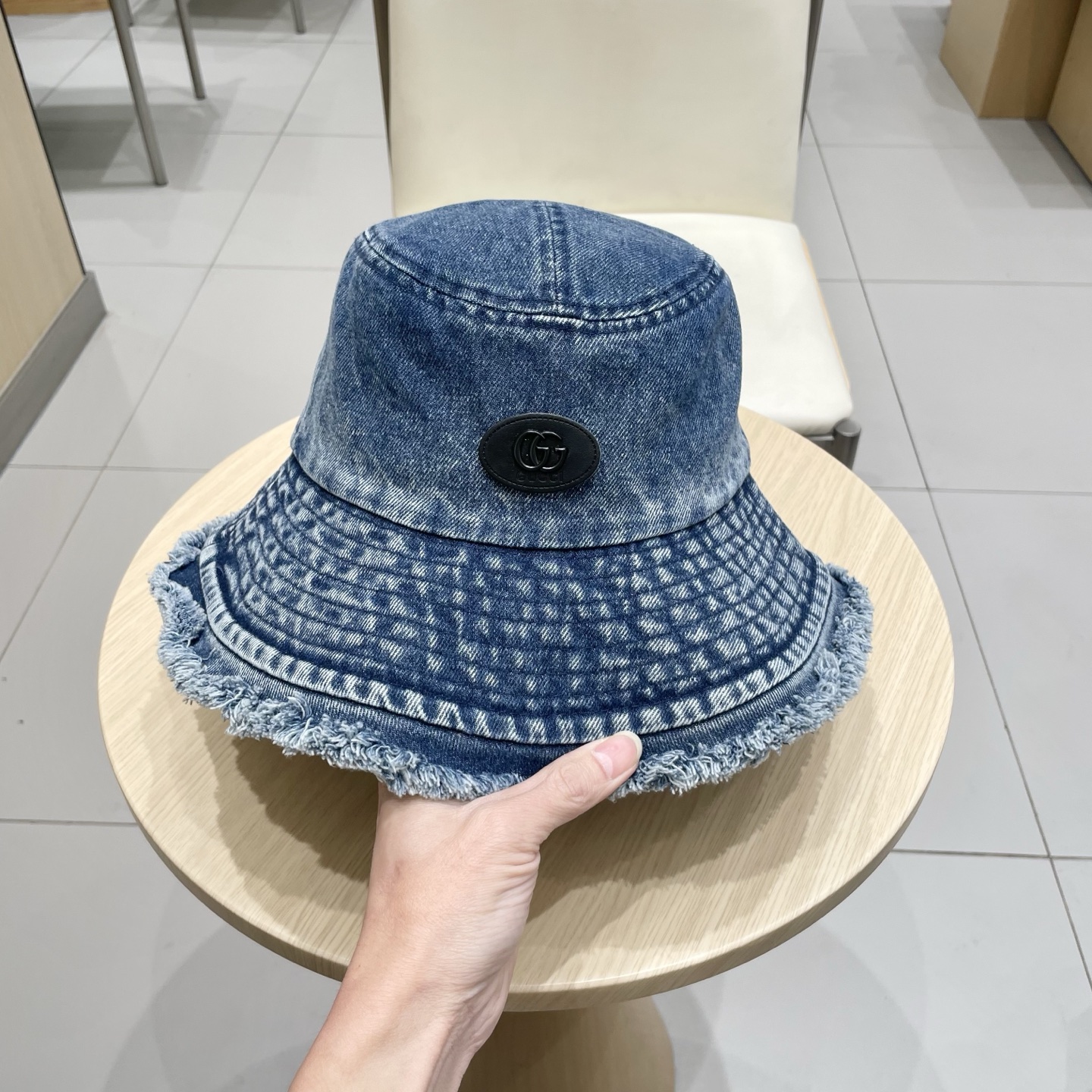 Gucci日系复古牛仔渔夫帽子女夏大头围水桶盆帽做旧遮阳防晒显脸小帽子