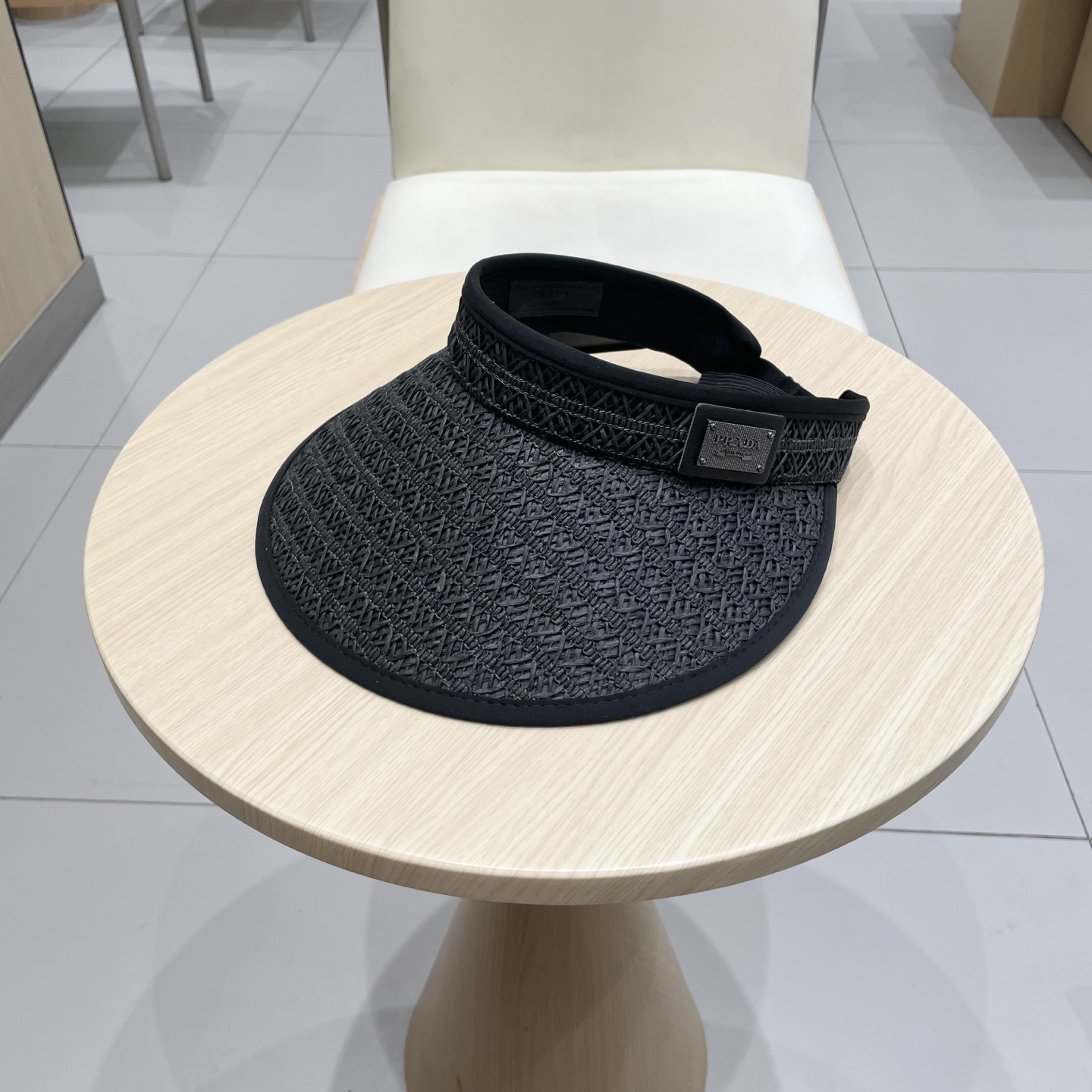 普拉达Prada夏季草编黑胶空顶帽女韩系大檐户外出游防晒遮阳帽遮脸可折叠帽子