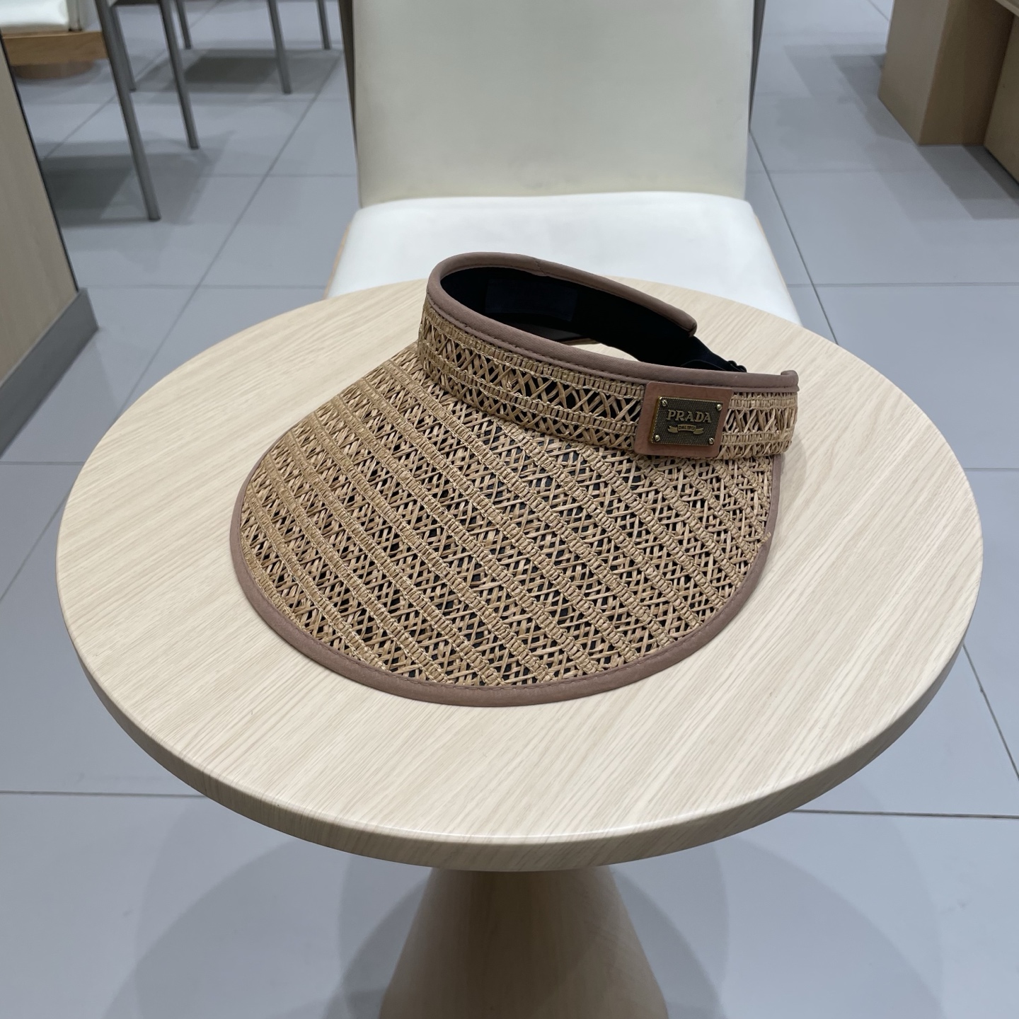 普拉达Prada夏季草编黑胶空顶帽女韩系大檐户外出游防晒遮阳帽遮脸可折叠帽子