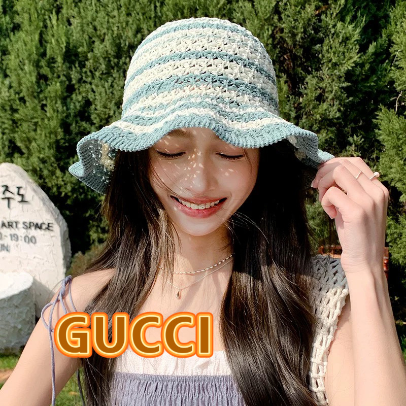   Gucci古奇日系针织卷边镂空渔夫帽子女春夏季2025新款透气遮阳防晒帽子盆帽