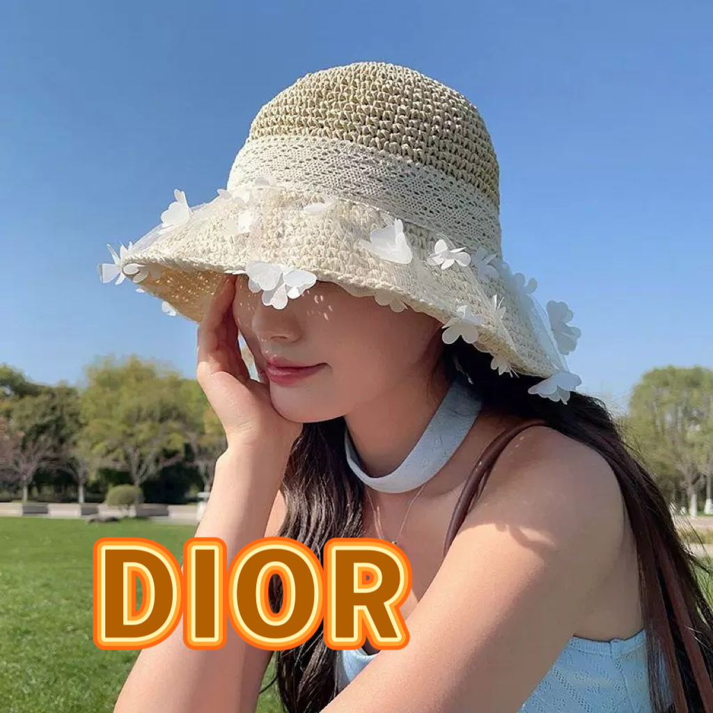 Dior迪奥草帽2025新款网纱立体小花蝴蝶结草帽女夏出游防晒太阳遮阳帽子