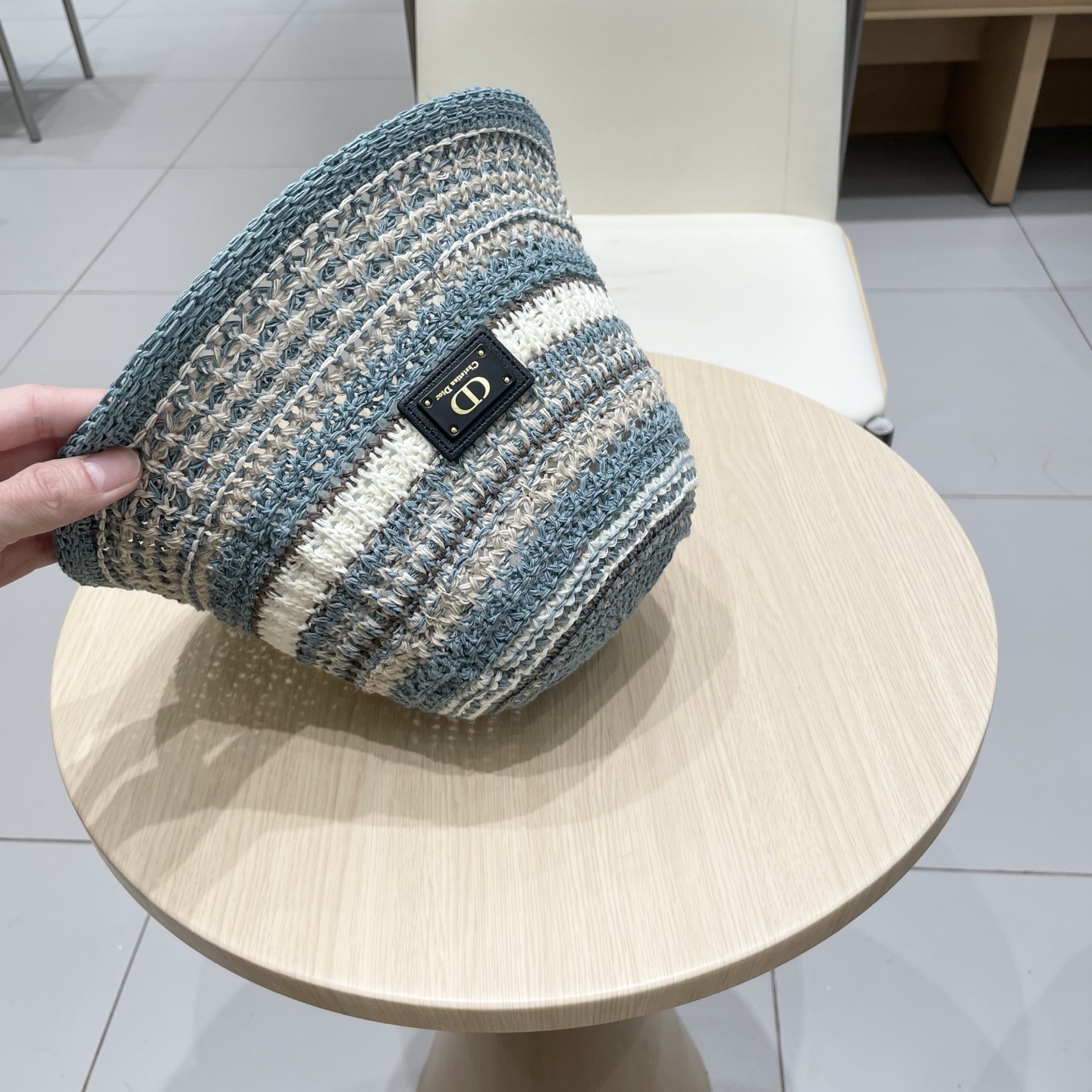 Dior迪奥水桶帽女春夏季2025新款针织镂空撞色条纹渔夫帽子户外百搭遮阳帽