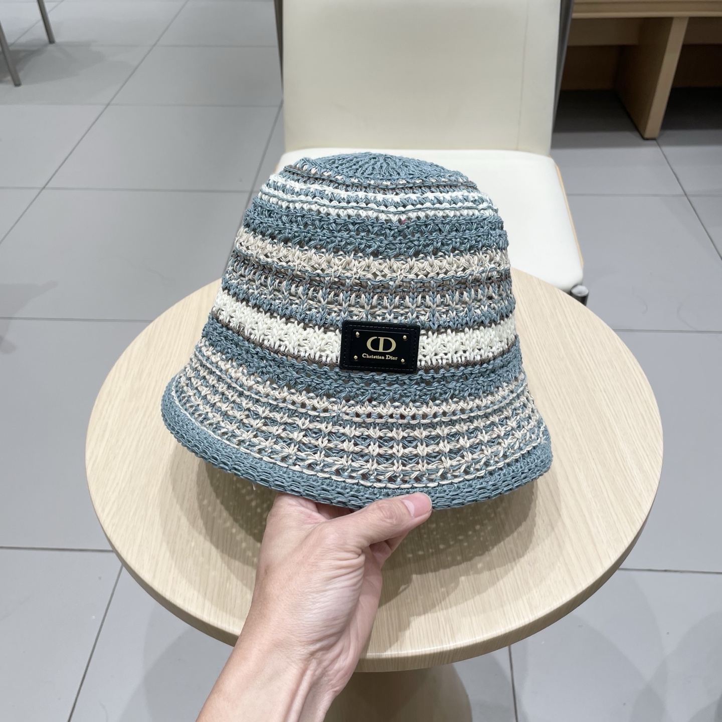 Dior迪奥水桶帽女春夏季2025新款针织镂空撞色条纹渔夫帽子户外百搭遮阳帽