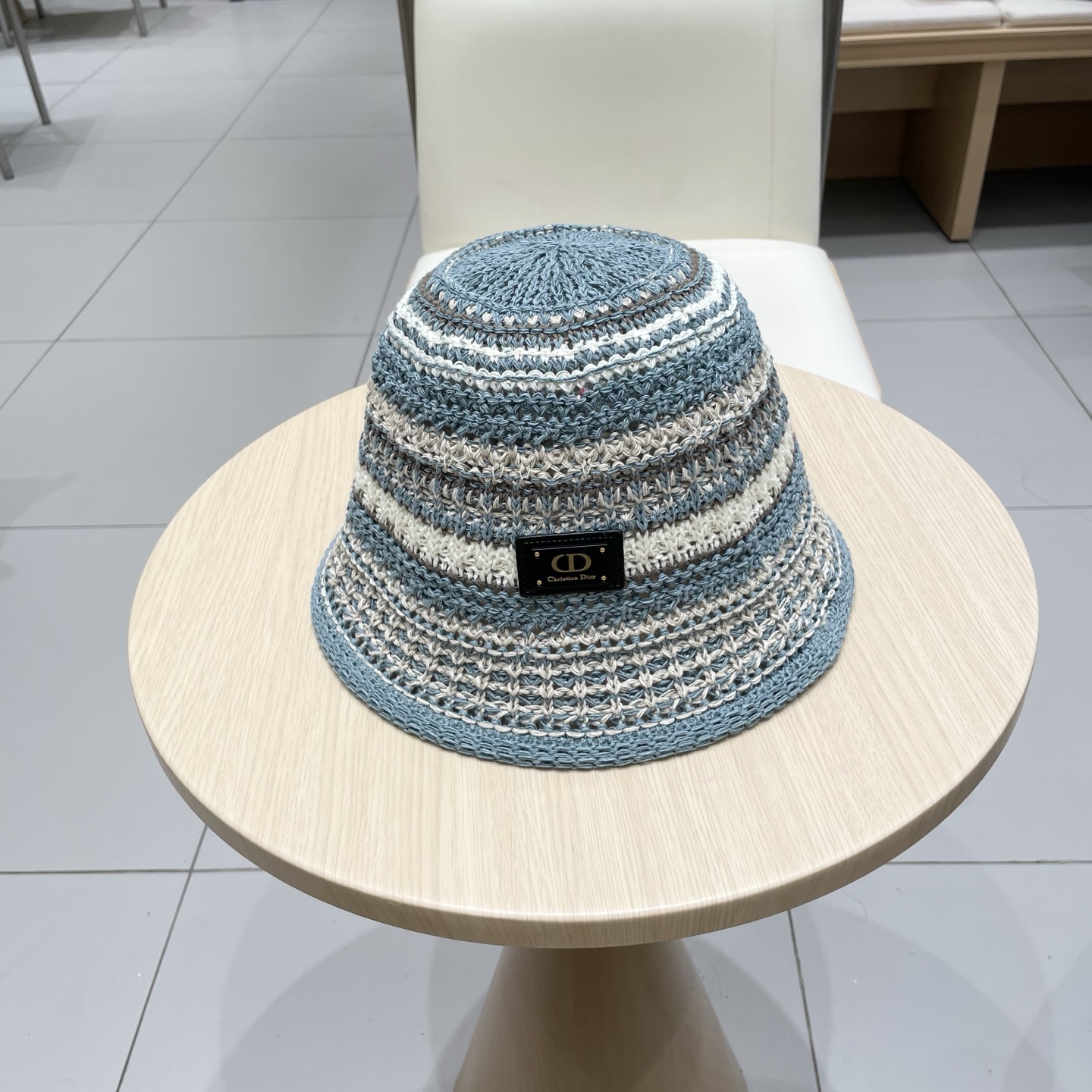 Dior迪奥水桶帽女春夏季2025新款针织镂空撞色条纹渔夫帽子户外百搭遮阳帽