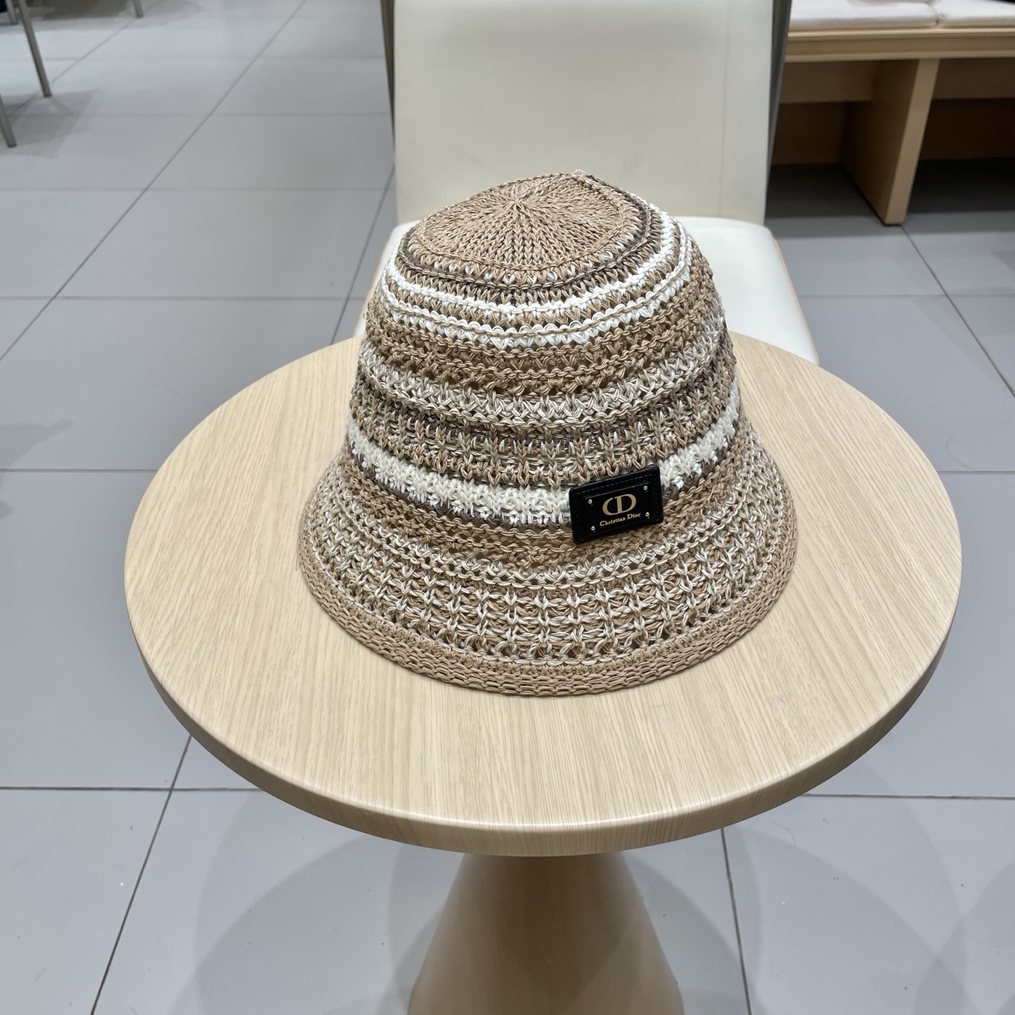 Dior迪奥水桶帽女春夏季2025新款针织镂空撞色条纹渔夫帽子户外百搭遮阳帽