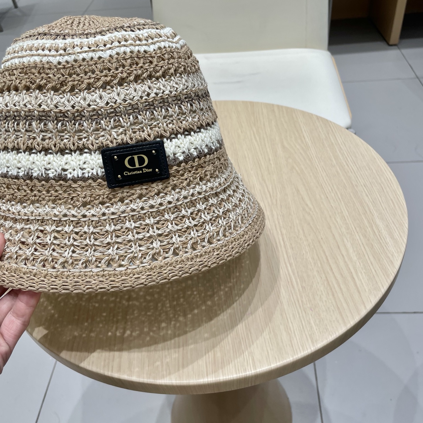 Dior迪奥水桶帽女春夏季2025新款针织镂空撞色条纹渔夫帽子户外百搭遮阳帽