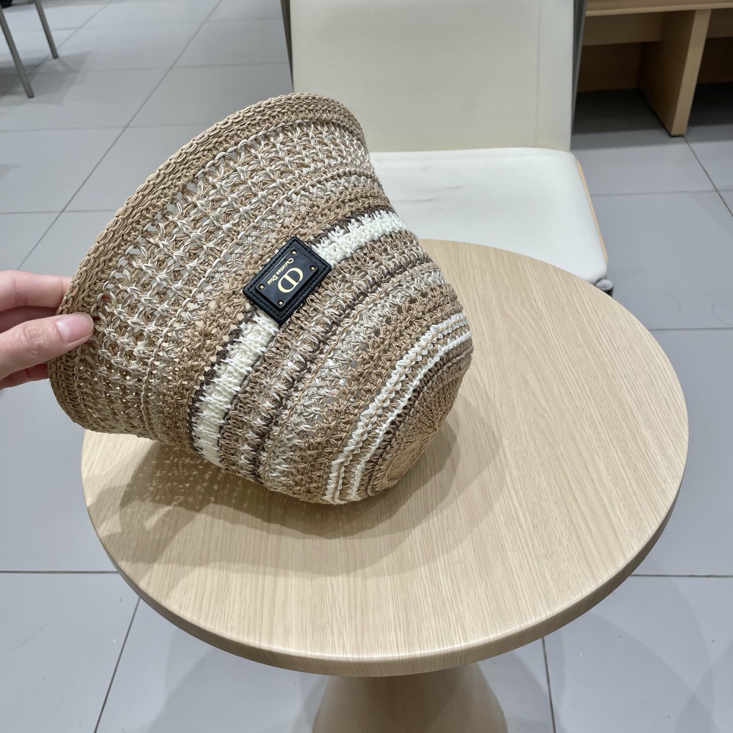 Dior迪奥水桶帽女春夏季2025新款针织镂空撞色条纹渔夫帽子户外百搭遮阳帽