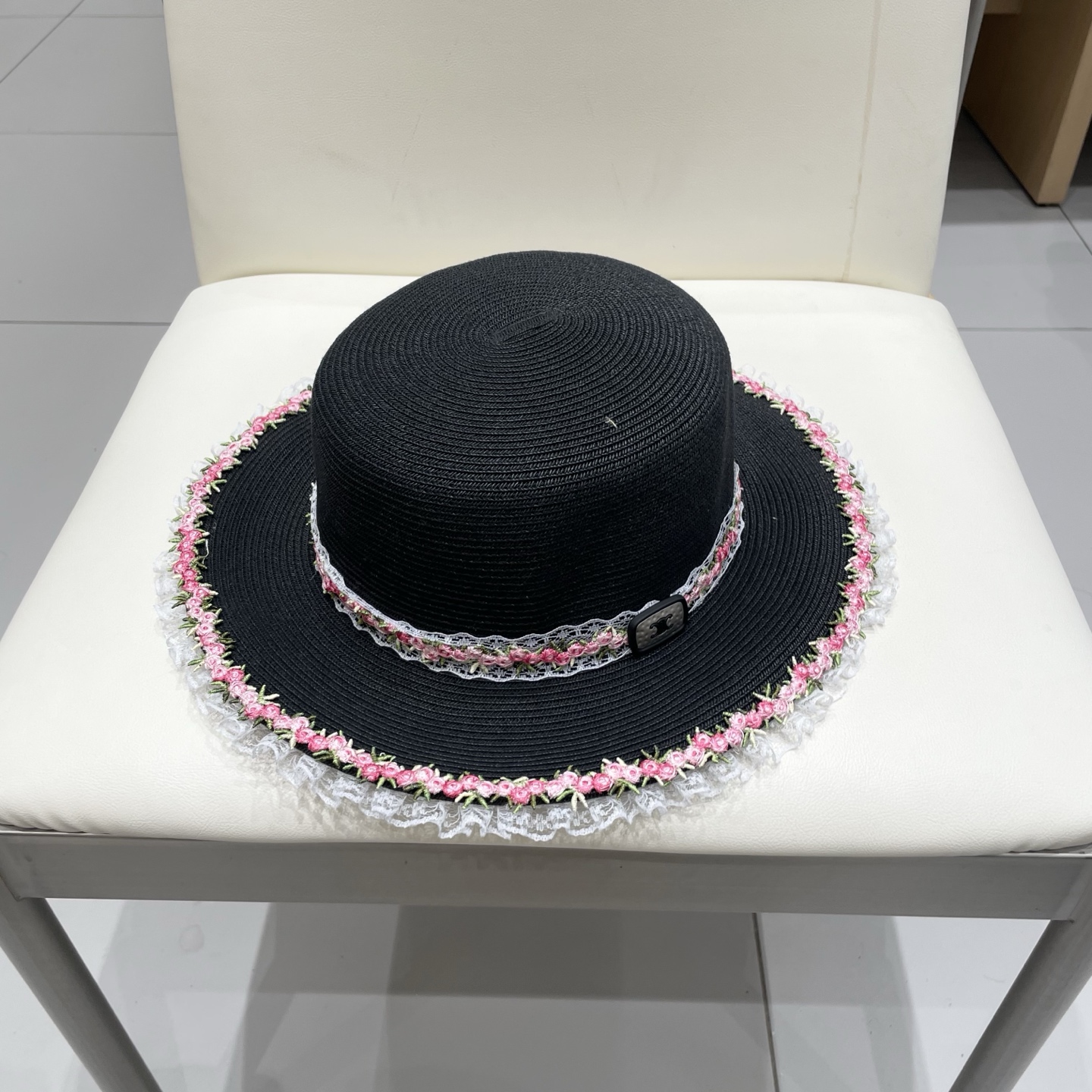 塞琳celien新款细草编织草帽，皮带平顶礼帽，头围57cm