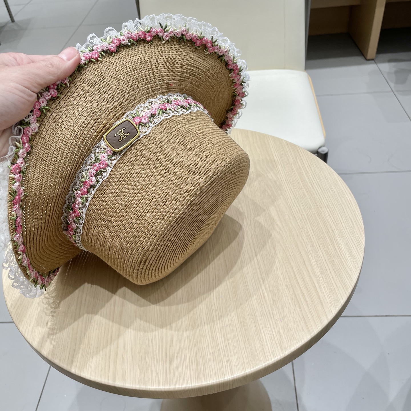 塞琳celien新款细草编织草帽，皮带平顶礼帽，头围57cm