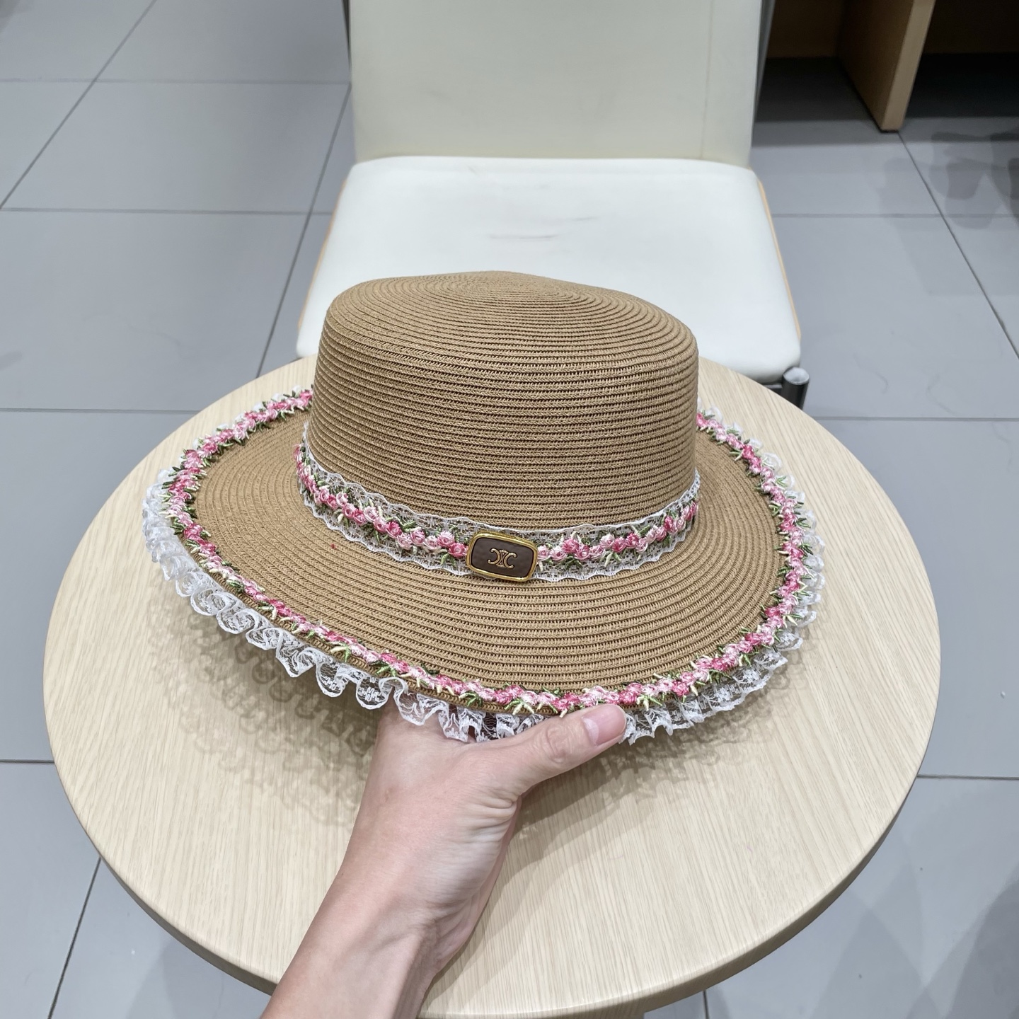 塞琳celien新款细草编织草帽，皮带平顶礼帽，头围57cm