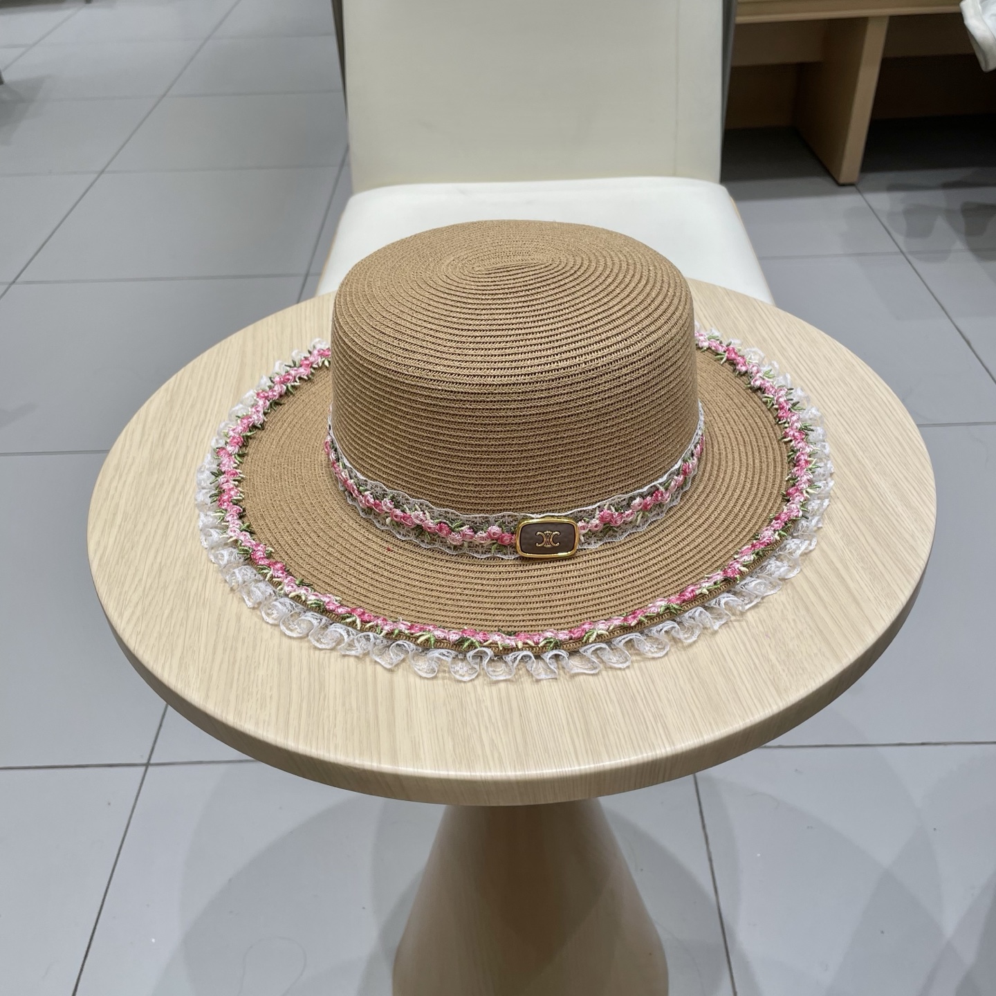 塞琳celien新款细草编织草帽，皮带平顶礼帽，头围57cm