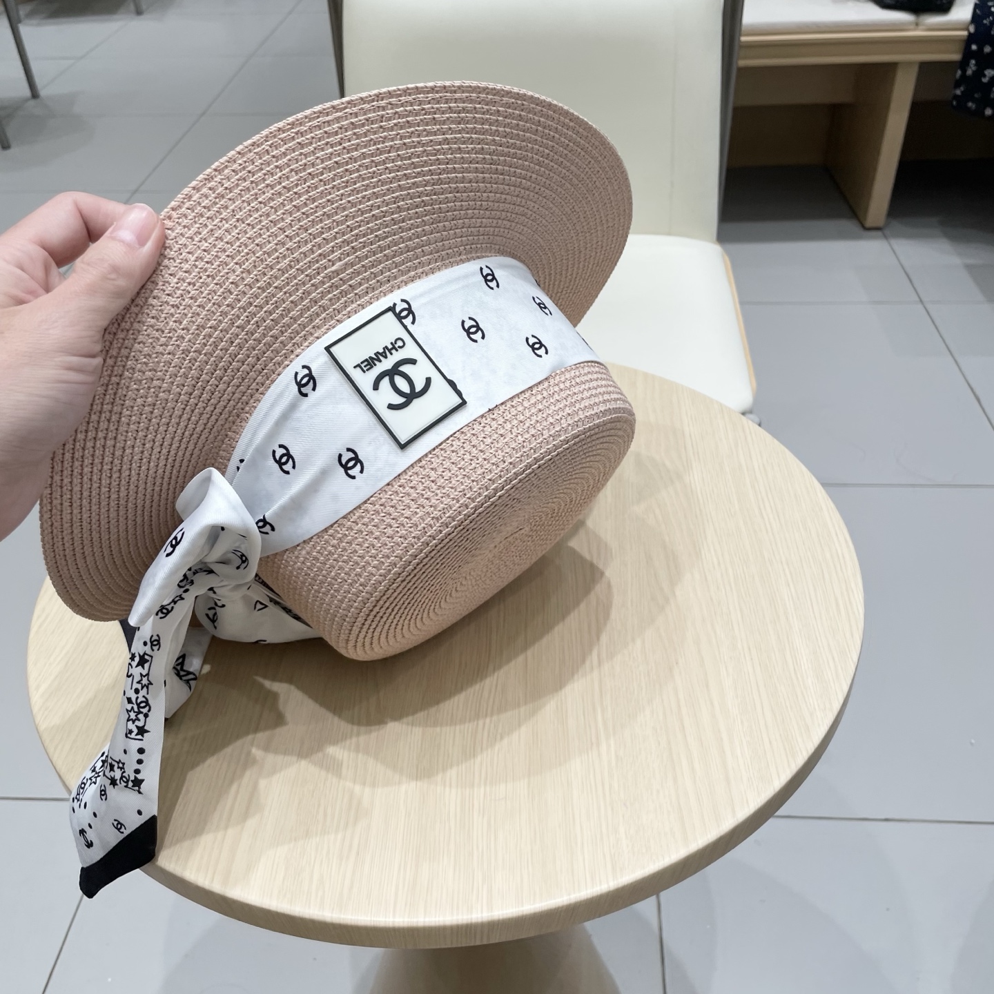 Chanel香奈儿平顶礼帽，遮阳草帽，头围57cm