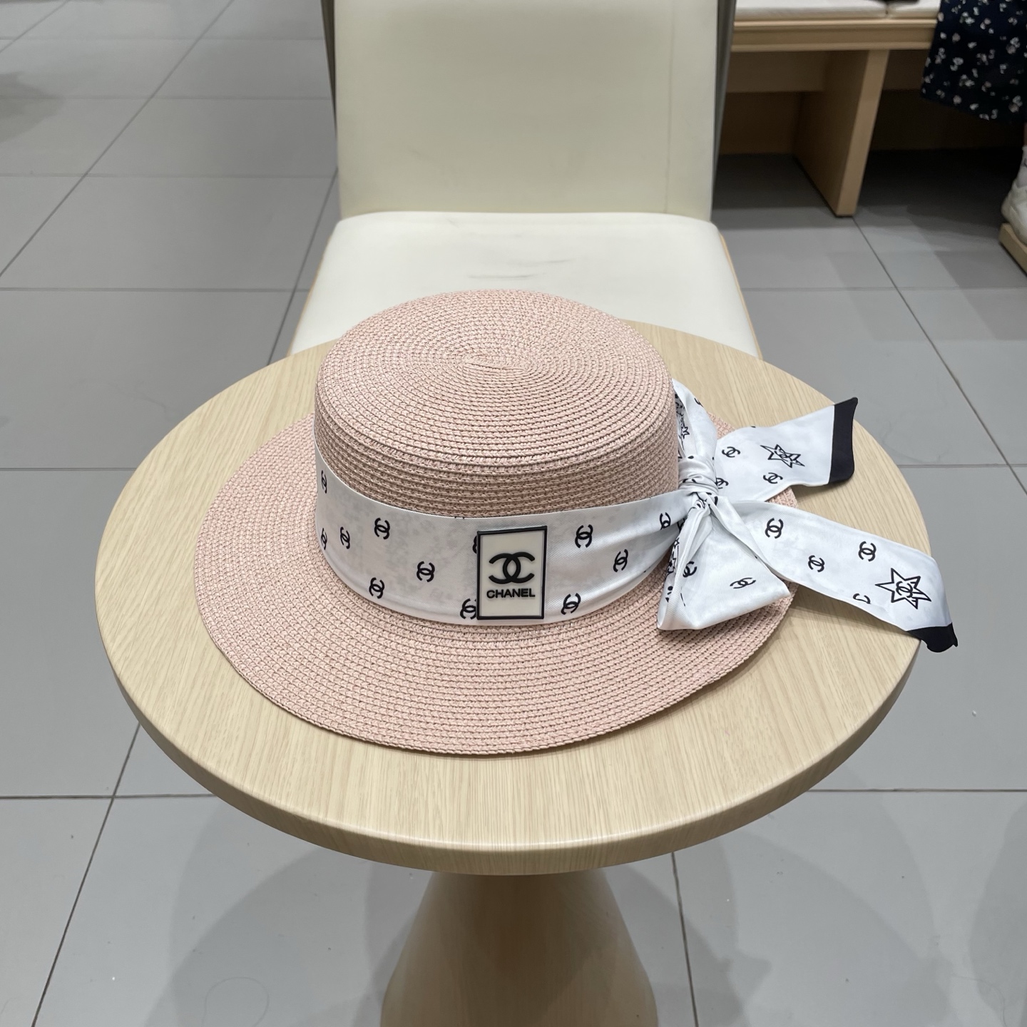Chanel香奈儿平顶礼帽，遮阳草帽，头围57cm