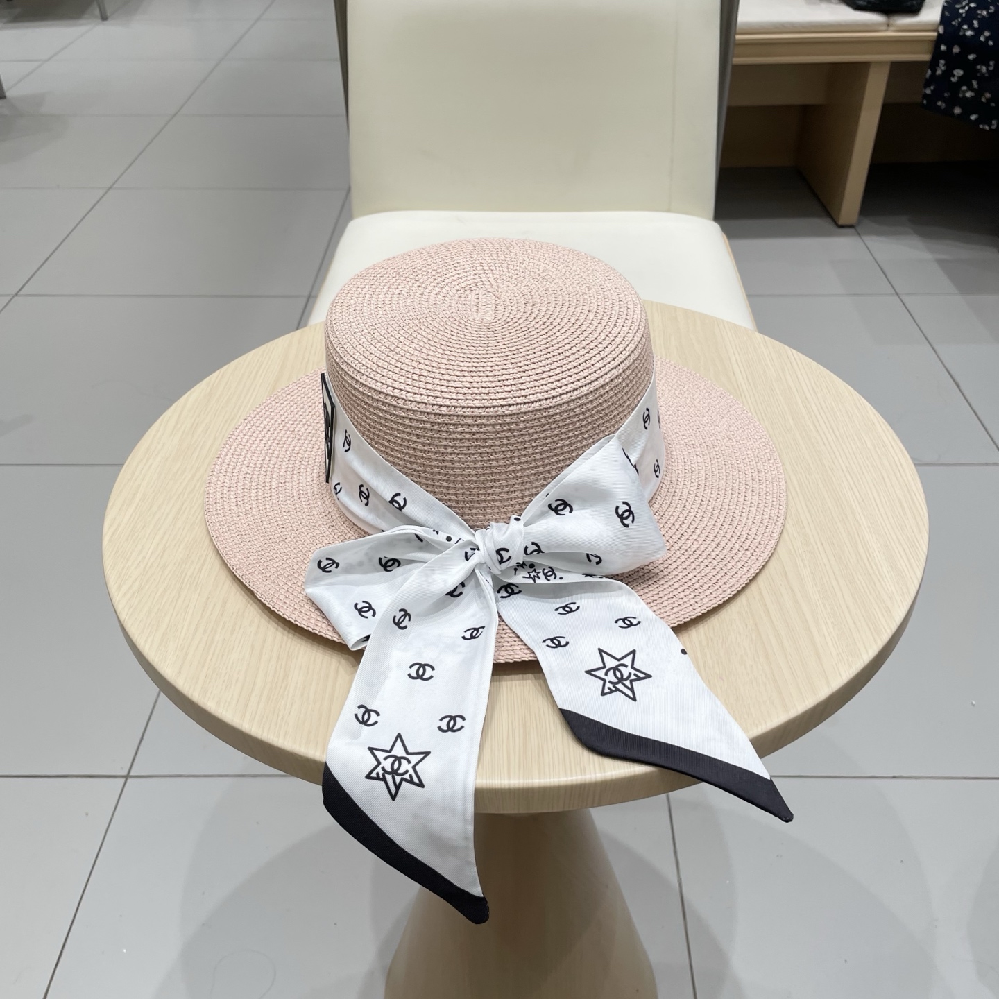 Chanel香奈儿平顶礼帽，遮阳草帽，头围57cm