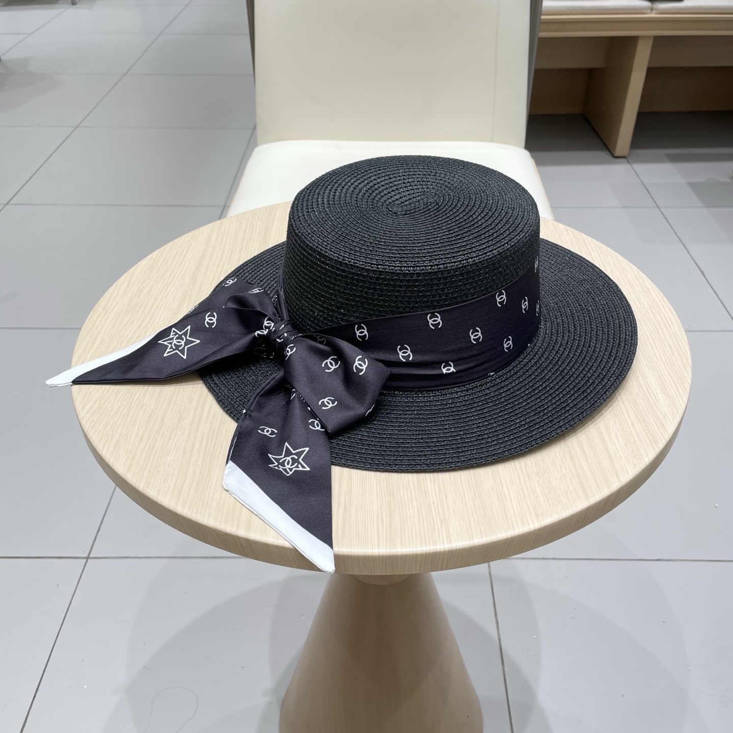 Chanel香奈儿平顶礼帽，遮阳草帽，头围57cm