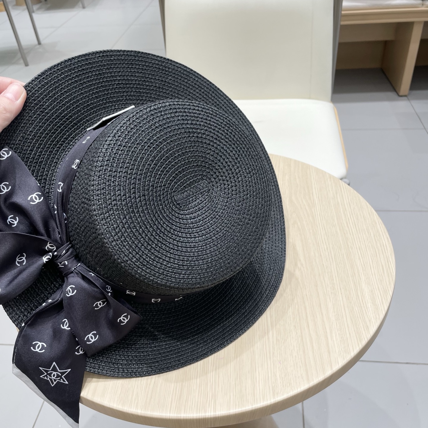 Chanel香奈儿平顶礼帽，遮阳草帽，头围57cm