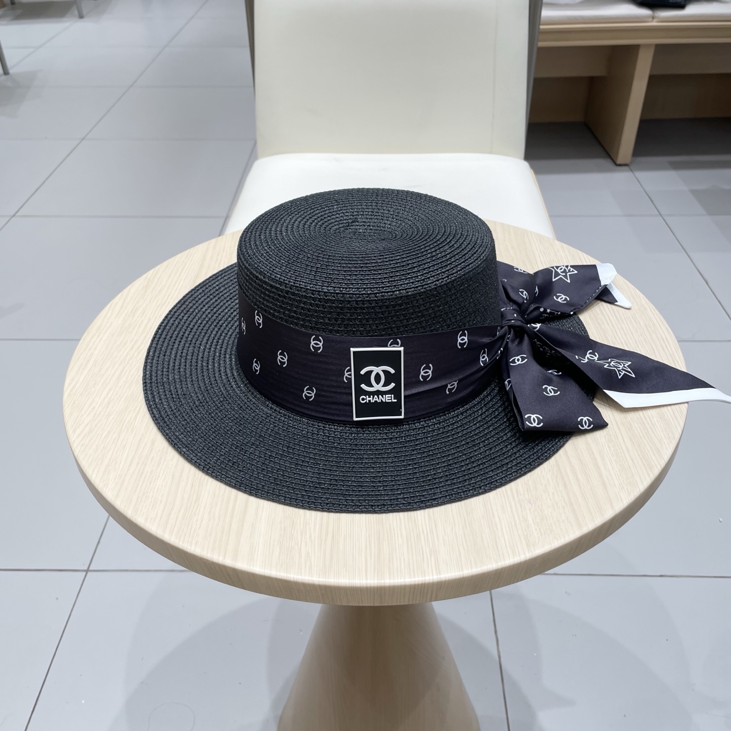 Chanel香奈儿平顶礼帽，遮阳草帽，头围57cm
