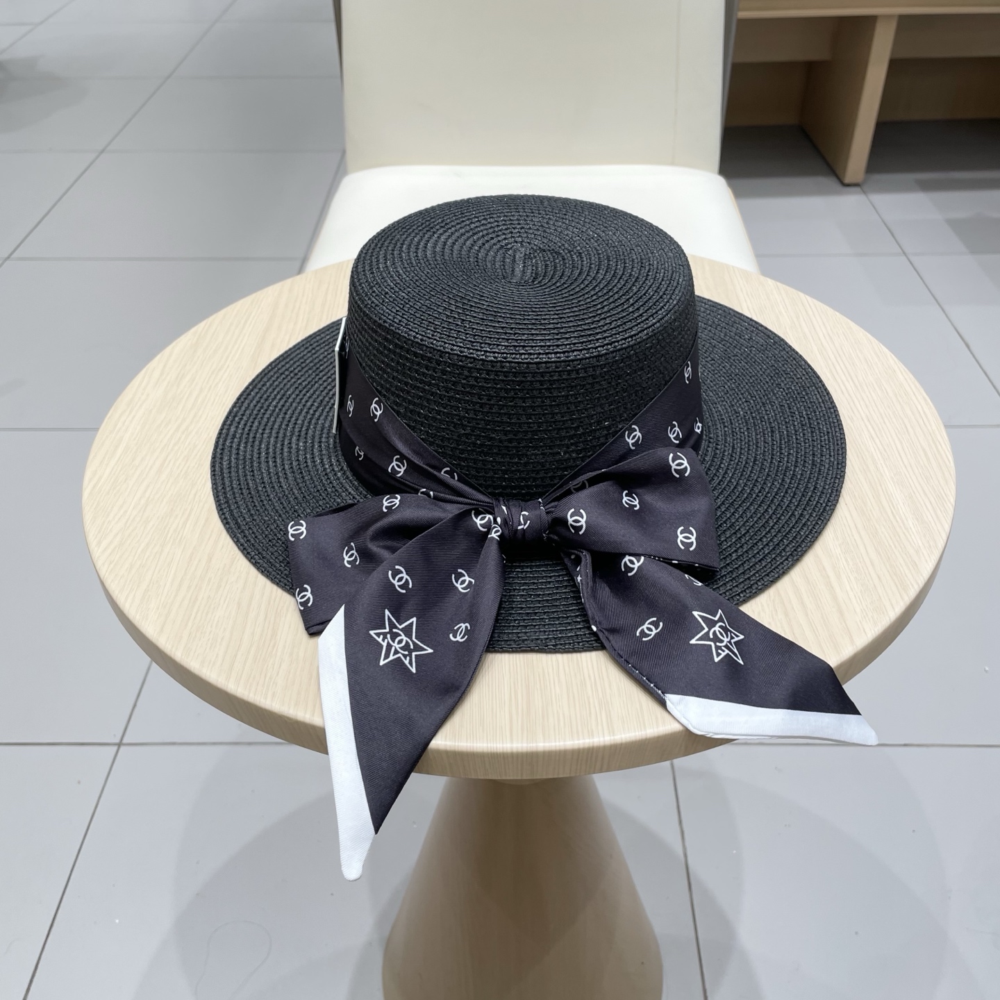 Chanel香奈儿平顶礼帽，遮阳草帽，头围57cm