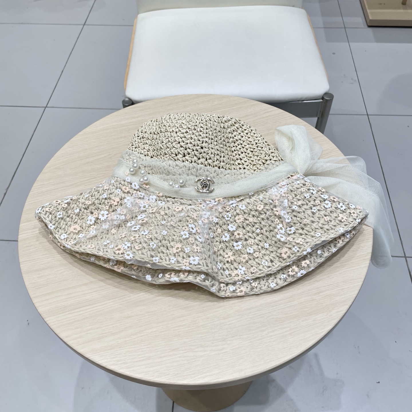  Chanel香奈儿珍珠蕾丝花朵渔夫帽子女春夏季蝴蝶结海边度假草帽草编遮阳帽