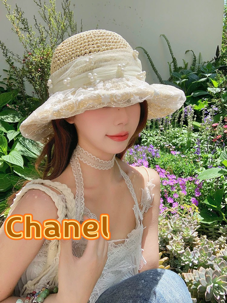  Chanel香奈儿珍珠蕾丝花朵渔夫帽子女春夏季蝴蝶结海边度假草帽草编遮阳帽