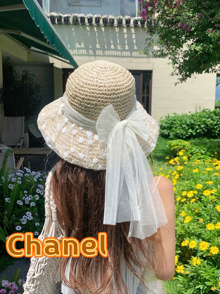  Chanel香奈儿珍珠蕾丝花朵渔夫帽子女春夏季蝴蝶结海边度假草帽草编遮阳帽