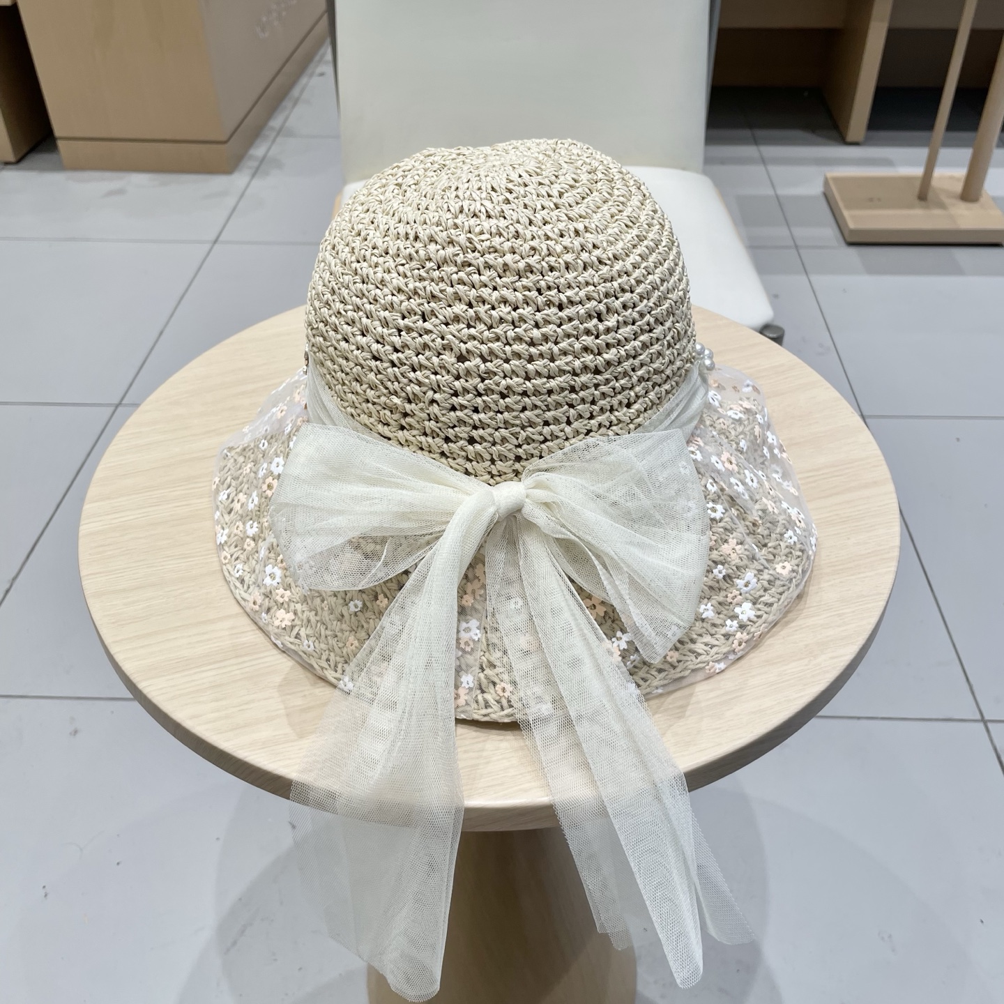  Chanel香奈儿珍珠蕾丝花朵渔夫帽子女春夏季蝴蝶结海边度假草帽草编遮阳帽