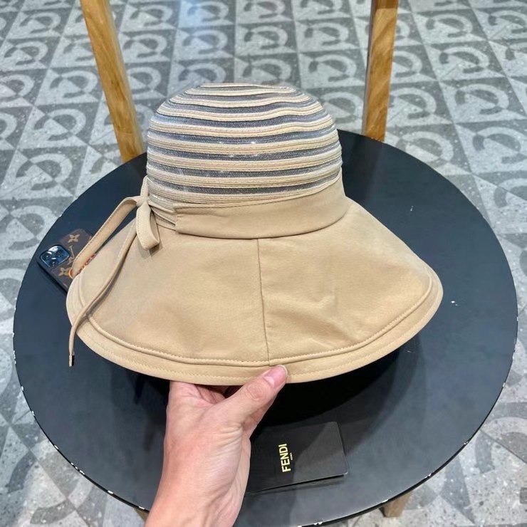 FENDI芬迪春款帽子女条纹网纱透气蝴蝶结渔夫帽大帽檐遮阳帽夏季防晒太阳帽