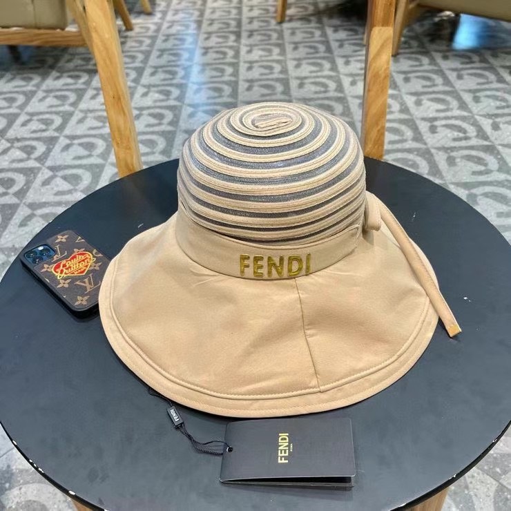 FENDI芬迪春款帽子女条纹网纱透气蝴蝶结渔夫帽大帽檐遮阳帽夏季防晒太阳帽