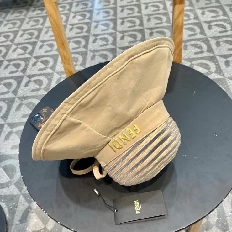 FENDI芬迪春款帽子女条纹网纱透气蝴蝶结渔夫帽大帽檐遮阳帽夏季防晒太阳帽