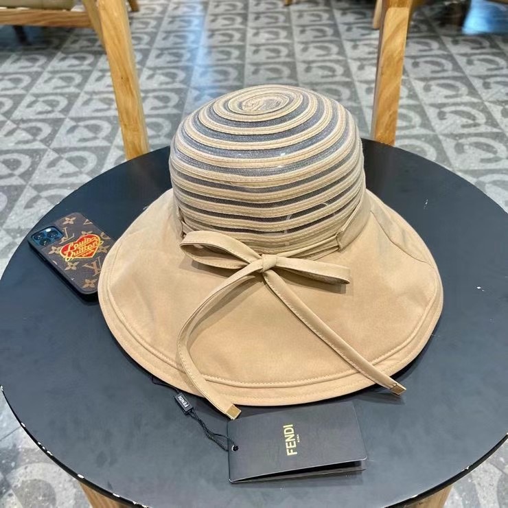 FENDI芬迪春款帽子女条纹网纱透气蝴蝶结渔夫帽大帽檐遮阳帽夏季防晒太阳帽
