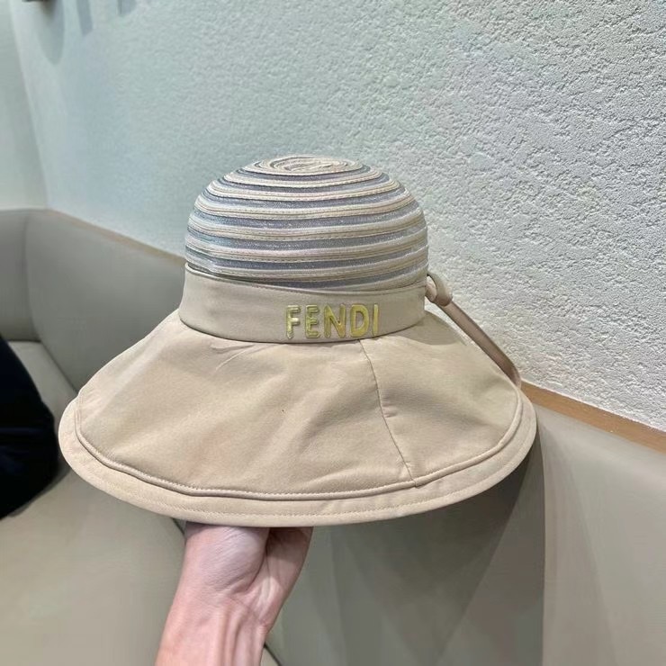 FENDI芬迪春款帽子女条纹网纱透气蝴蝶结渔夫帽大帽檐遮阳帽夏季防晒太阳帽