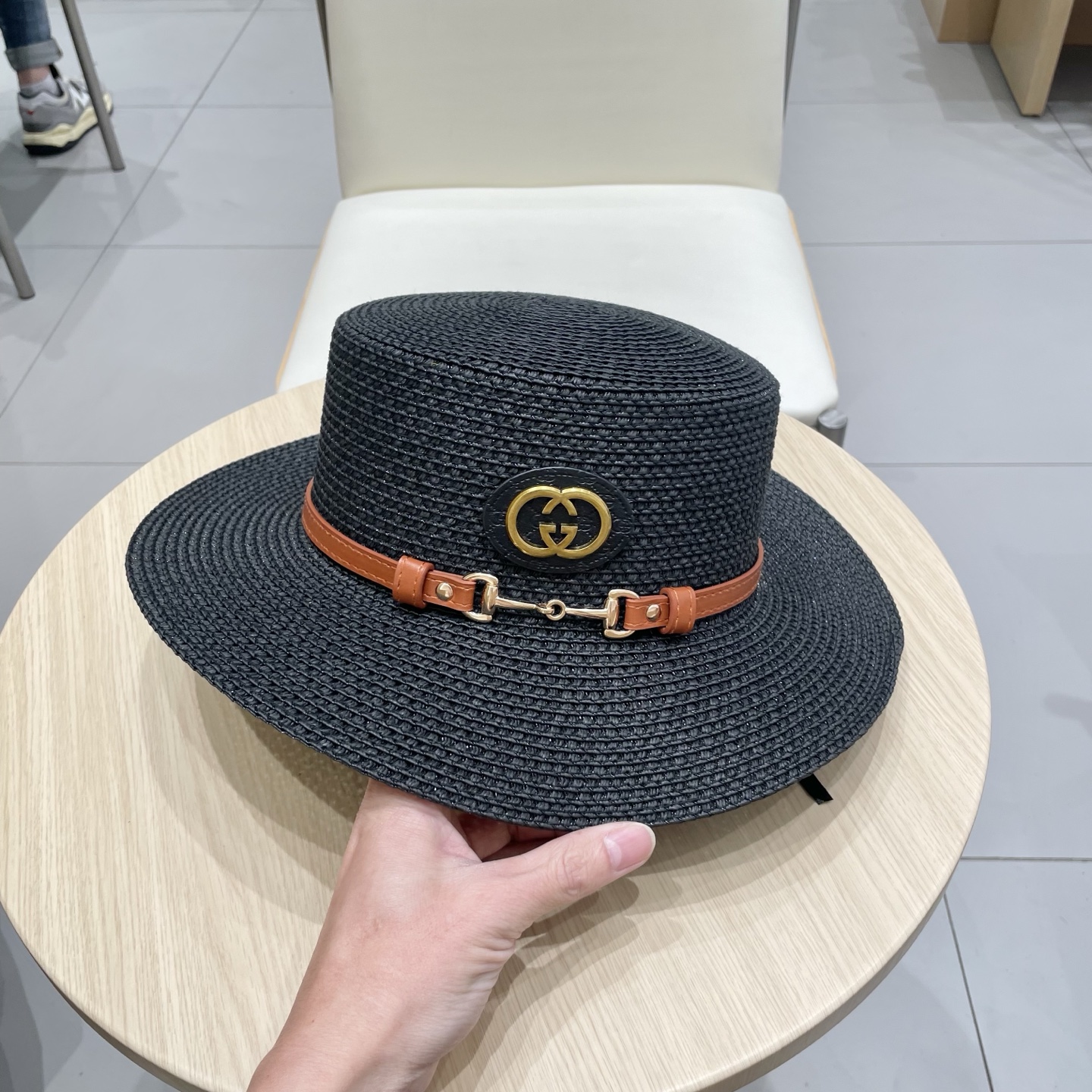 Gucci古奇2025原单皮带扣草帽，名媛平顶草帽制作，可折叠，携带方便，头围57cm
