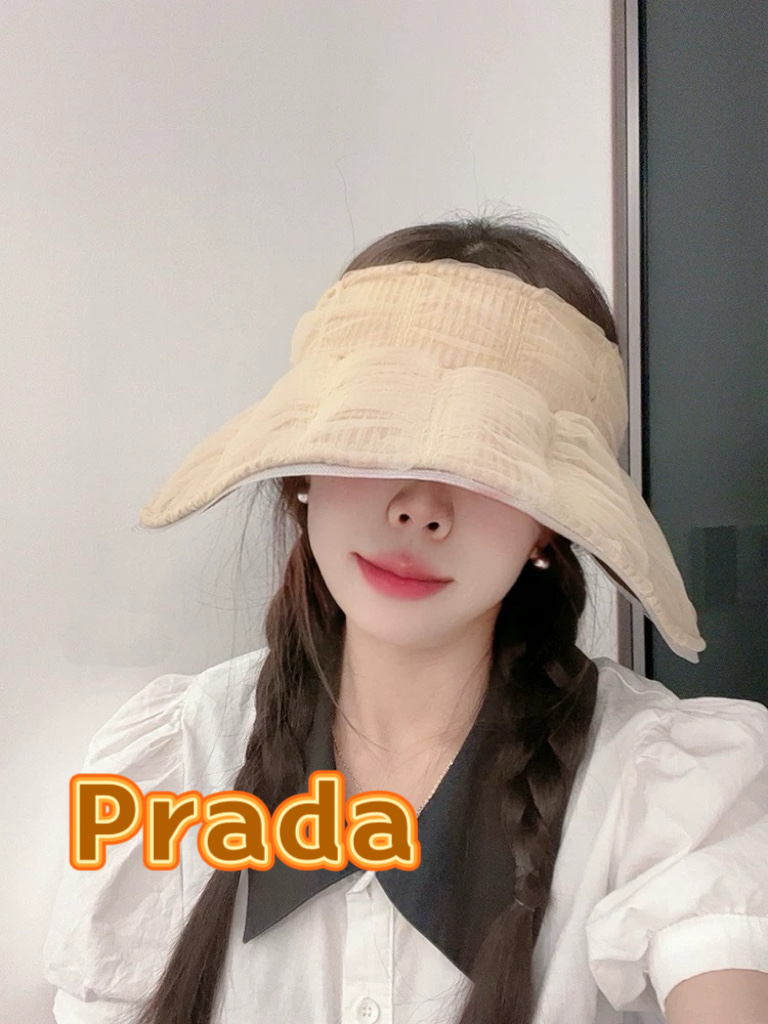  Prada普拉达2025新春夏韩版网纱格子遮阳帽子女出游百搭显脸小折叠防晒空顶帽