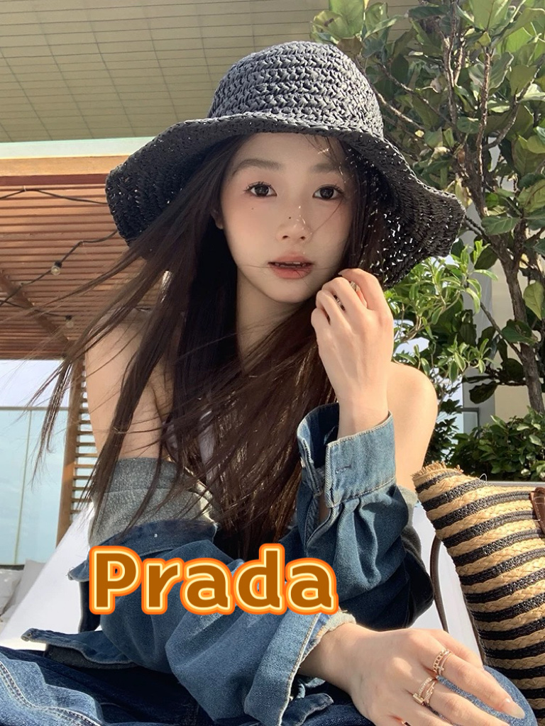  Prada普拉达2025夏休闲大檐草帽女百搭遮阳度假粗草编织手工沙滩帽防晒太阳帽