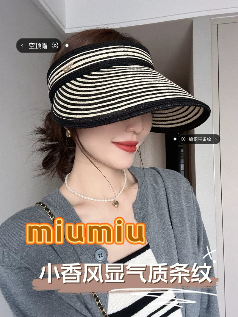 缪缪miumiu缪高品质条纹可卷空顶帽斑马条纹黑白条纹大檐防紫外线防晒草帽