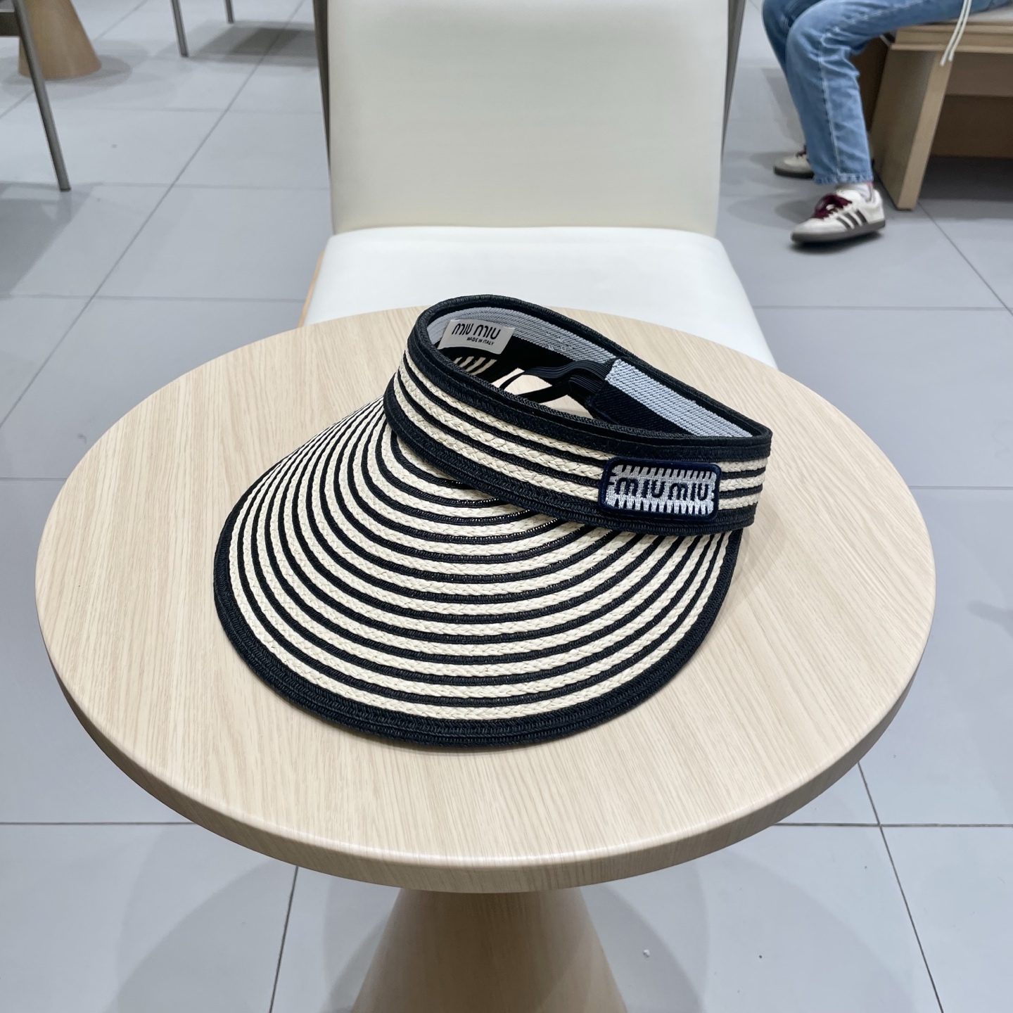 缪缪miumiu缪高品质条纹可卷空顶帽斑马条纹黑白条纹大檐防紫外线防晒草帽