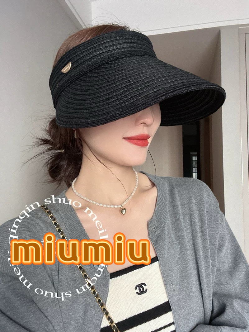  缪缪miumiu缪高品质条纹可卷空顶帽斑马条纹黑白条纹大檐防紫外线防晒草帽