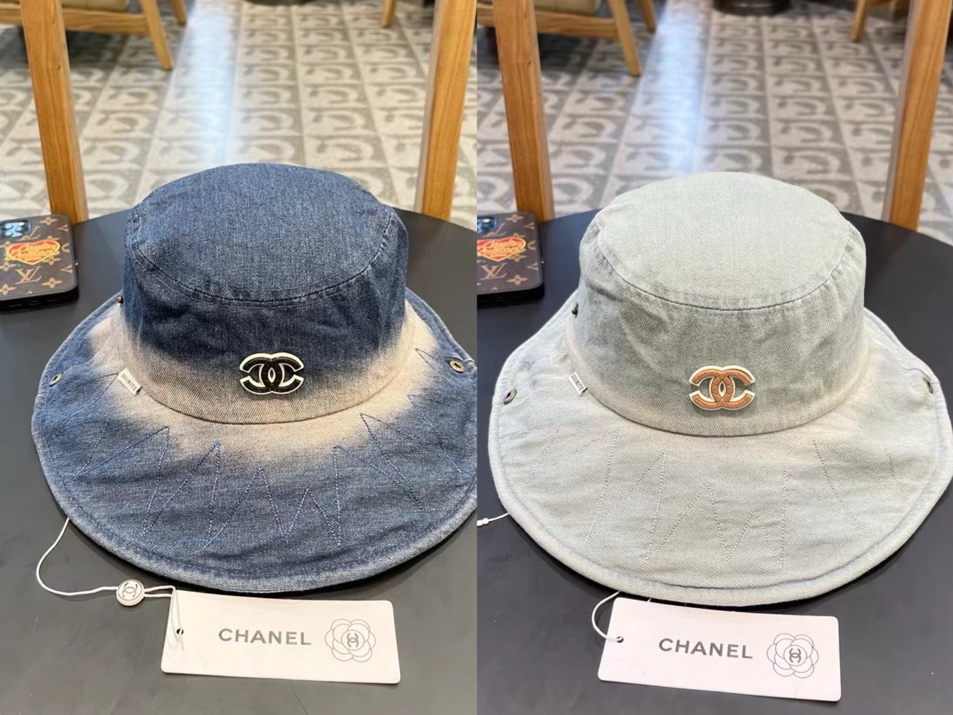 Chanel扎染水洗做旧牛仔渔夫帽子女春夏季百搭户外爬山露营大帽檐登山帽