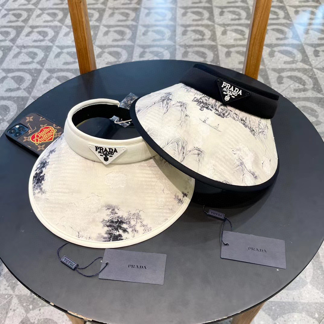   Prada普拉达新款中式国风水墨画帽子女夏季空顶防晒帽遮阳太阳帽冰丝防紫外线 