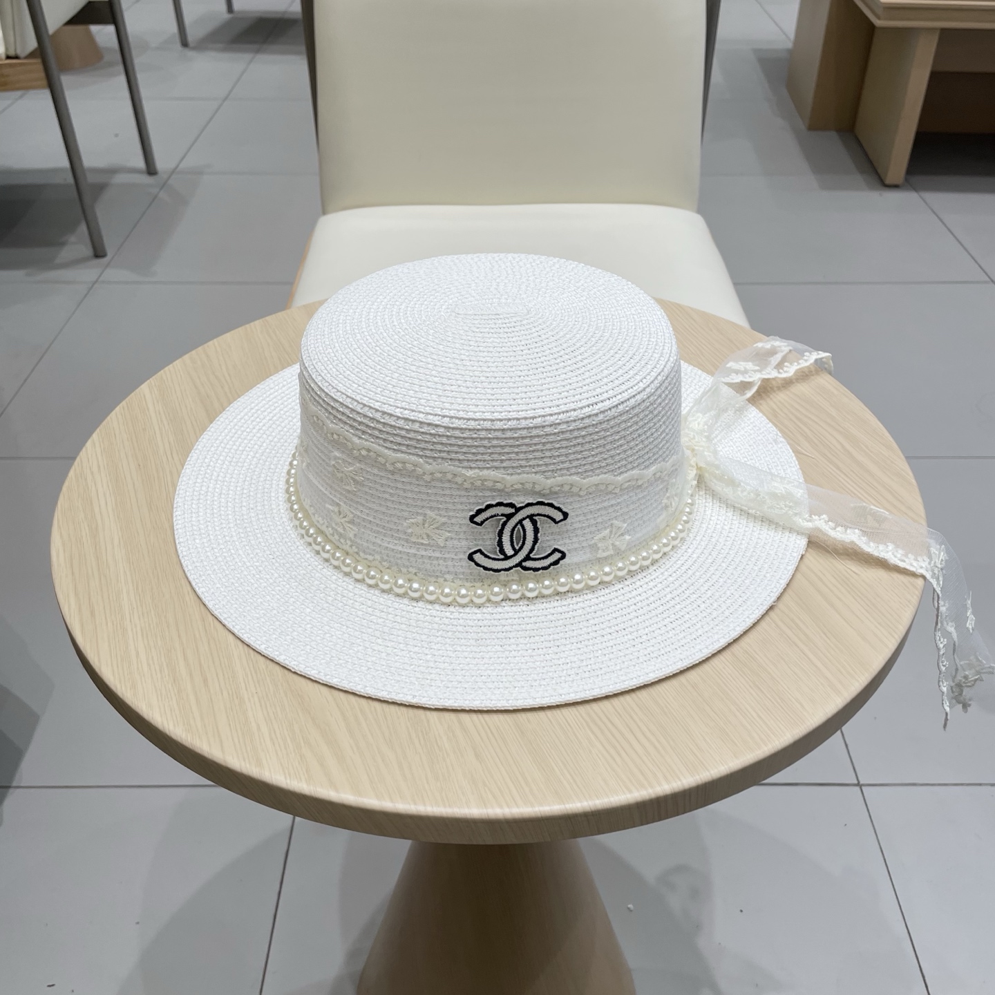  Chanel2025珍珠气质蝴蝶结飘带太阳帽草帽子女出游百搭显脸小遮阳防晒帽