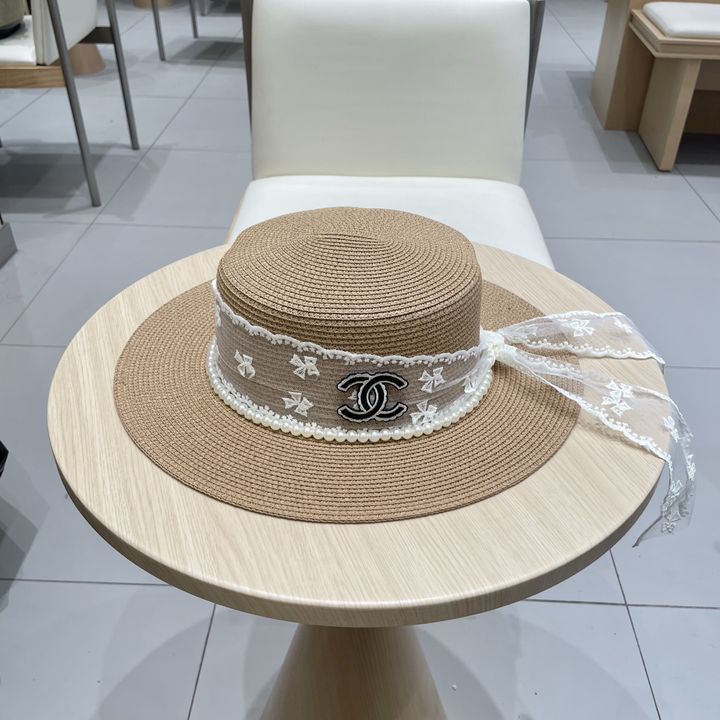  Chanel2025珍珠气质蝴蝶结飘带太阳帽草帽子女出游百搭显脸小遮阳防晒帽