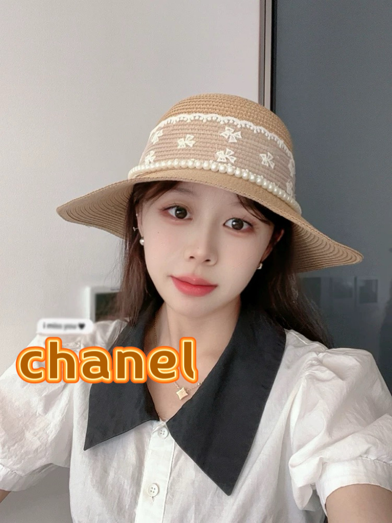  Chanel2025珍珠气质蝴蝶结飘带太阳帽草帽子女出游百搭显脸小遮阳防晒帽